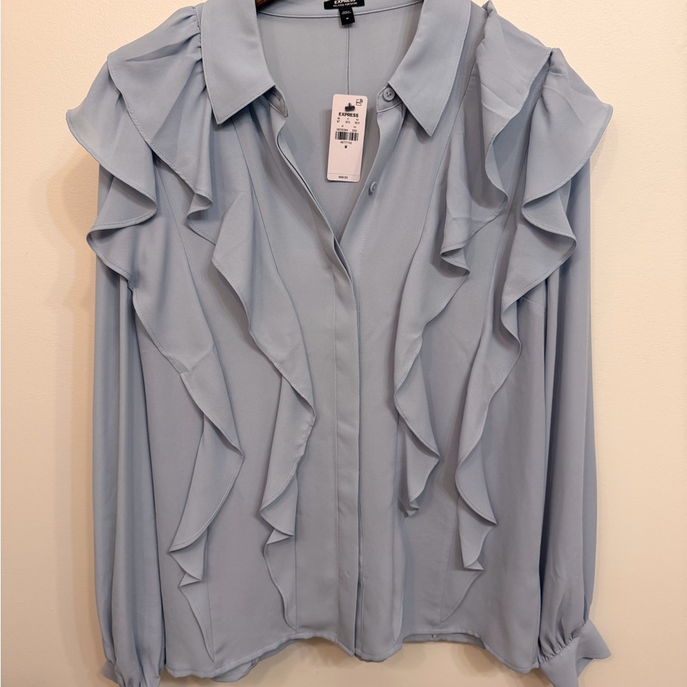 Express Women’s Medium Elegant Light Blue Ruffle Blouse